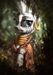 Size: 850x1200 | Tagged: safe, artist:assasinmonkey, character:zecora, species:zebra, clothing, cute, ear piercing, female, piercing, scenery, signature, smiling, solo, zecorable