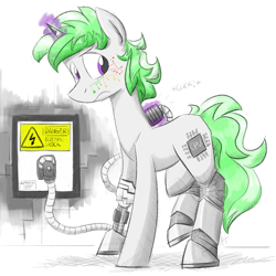 Size: 1500x1500 | Tagged: safe, artist:flutterthrash, oc, oc only, oc:techno muse, species:pony, species:unicorn, charging, cyborg, looking back, solo, standing