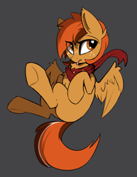 Size: 1605x2082 | Tagged: safe, artist:beardie, oc, oc only, oc:tigers eye, species:pegasus, species:pony, clothing, female, filly, freckles, gray background, scarf, simple background, wings