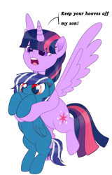 Size: 1986x3096 | Tagged: safe, artist:kim0508, artist:lazuli, character:twilight sparkle, character:twilight sparkle (alicorn), oc, oc:evening mist, species:alicorn, species:pegasus, species:pony, fanfic:evening mist: a story, blank flank, colt, cutie mark, female, holding a pony, male, mare, mother and son, simple background, talking, white background