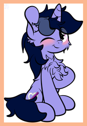 Size: 1804x2588 | Tagged: safe, artist:kimjoman, oc, oc only, oc:purple flix, species:pony, species:unicorn, blushing, chest fluff, ear fluff, fluffy, looking at you, male, one eye closed, sitting, solo, wink
