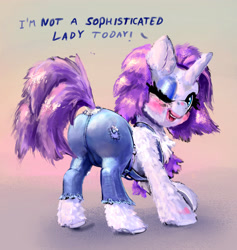 Size: 2912x3075 | Tagged: safe, artist:xbi, character:rarity, species:pony, species:unicorn, episode:simple ways, g4, my little pony: friendship is magic, clothing, dialogue, digital art, female, fluffy, glitter, lipstick, makeup, messy, messy mane, one eye closed, open mouth, overalls, pants, plot, rarihick, running makeup, simple background, solo