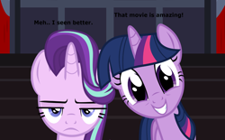 Size: 1164x721 | Tagged: safe, artist:davidsfire, artist:frownfactory, artist:nukarulesthehouse1, character:starlight glimmer, character:twilight sparkle, species:pony, caption, cinema, cute face, funny, happy, image macro, opinion, starlight is not amused, text, unamused, vector