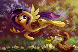 Size: 1024x690 | Tagged: safe, artist:holivi, oc, oc only, species:duck, species:pegasus, species:pony, animal, armpits, complex background, digital art, dragonfly, female, flying, forest, letter, lily pad, mare, not fluttershy, open mouth, postman's hat, saddle bag, smiling, solo, spread wings, waving, wings