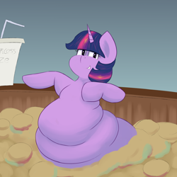 Size: 2500x2500 | Tagged: safe, artist:lupin quill, character:twilight sparkle, species:pony, belly, belly button, big belly, burger, chubby, chubby cheeks, chubby twilight, drink, fast food, fat, female, food, hay burger, ketchup, lettuce, mare, obese, rolls of fat, sauce, swimming pool, twilard sparkle, twilight burgkle