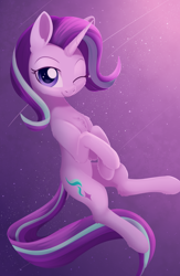 Size: 1260x1938 | Tagged: safe, artist:dusthiel, character:starlight glimmer, species:pony, species:unicorn, chest fluff, cute, female, looking at you, mare, one eye closed, solo, starlight glimmer day, starry backdrop, wink