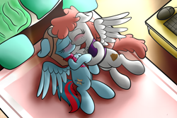 Size: 3000x2000 | Tagged: safe, artist:kimjoman, oc, oc only, oc:aurora breeze, oc:graph travel, species:pegasus, species:pony, aviator goggles, aviator hat, bed, blushing, chest fluff, clothing, computer mouse, eyes closed, female, floppy ears, freckles, hat, keyboard, kissing, lesbian, making out, mare, oc x oc, on side, pillow, scarf, shipping, spread wings, vest, wingboner, wings