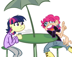 Size: 880x700 | Tagged: safe, artist:tess, character:pinkie pie, character:twilight sparkle, species:human, duo, duo female, female, humanized, sitting, table