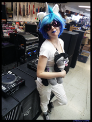 Size: 3456x4608 | Tagged: safe, artist:krazykari, character:dj pon-3, character:octavia melody, character:vinyl scratch, species:human, clothing, converse, cosplay, costume, irl, irl human, photo, plushie, shoes