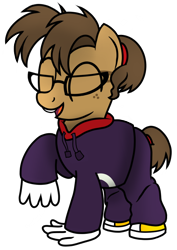 Size: 786x1110 | Tagged: safe, artist:toyminator900, oc, oc only, oc:binky, species:zony, clothing, freckles, glasses, gloves, hoodie, hybrid, pants, rayman, scrunchie, shoes, solo