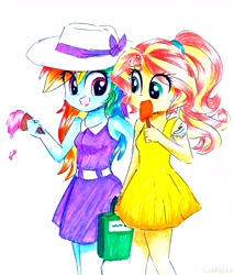 Size: 1514x1780 | Tagged: safe, artist:liaaqila, character:rainbow dash, character:sunset shimmer, my little pony:equestria girls, alternate costumes, alternate hairstyle, clothing, dress, food, hat, ice cream, popsicle, rainbow dash always dresses in style, sleeveless, traditional art