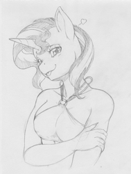 Size: 1174x1555 | Tagged: safe, artist:longinius, character:sunset shimmer, species:anthro, species:pony, species:unicorn, adorasexy, blep, blushing, breasts, busty sunset shimmer, cute, female, heart, lidded eyes, looking at you, mare, mlem, sexy, shimmerbetes, silly, solo, tongue out, traditional art