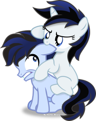 Size: 1024x1289 | Tagged: safe, artist:vector-brony, oc, oc only, oc:baccarat, oc:bouillotte, parent:oc:blackjack, parent:oc:p-21, parents:oc x oc, species:earth pony, species:pony, species:unicorn, fallout equestria, fallout equestria: project horizons, biting, blank flank, colt, duo, ear bite, fanfic art, female, filly, foal, male, offspring, simple background, transparent background