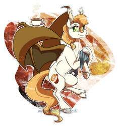 Size: 1200x1258 | Tagged: safe, artist:inuhoshi-to-darkpen, oc, oc only, oc:moka heart, species:bat pony, species:pony, bat pony oc, coffee, coffee cup, cup, ear fluff, female, fluffy, hoof hold, mare, saucer, simple background, slit eyes, solo, towel, transparent background, unshorn fetlocks, wing hold, wrench