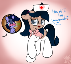 Size: 3000x2689 | Tagged: safe, artist:kimjoman, oc, oc only, oc:crescend cinnamon, oc:purple flix, species:pony, accessories, bedroom eyes, blood, blushing, clothing, cute, female, glasses, gradient background, male, nosebleed, nurse, nurse outfit, ponytail, sick, simple background, solo, stockings, thermometer, thigh highs