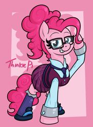 Size: 1564x2136 | Tagged: safe, artist:moonatik, character:pinkie pie, species:pony, abstract background, adjusting glasses, adorkable, alternate costumes, alternate hairstyle, clothing, crystal prep academy uniform, cuffs (clothes), cute, dork, female, glasses, looking at you, necktie, nerdy, pleated skirt, ponytail, pun, school uniform, shirt, shoes, skirt, socks, solo, stockings, thigh highs