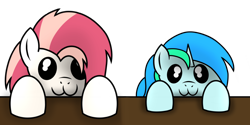Size: 2000x1000 | Tagged: safe, artist:toyminator900, oc, oc only, oc:aureai, oc:cyan lightning, species:pegasus, species:pony, species:unicorn, :3, colt, female, looking at you, male, mare, simple background, table, transparent background
