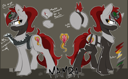 Size: 3064x1918 | Tagged: safe, artist:beardie, oc, oc only, oc:mamba, species:earth pony, species:pony, clothing, dock, ear piercing, face mask, fangs, female, lidded eyes, mare, night vision goggles, piercing, reference sheet, snake, solo