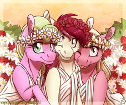 Size: 1600x1333 | Tagged: safe, artist:inuhoshi-to-darkpen, character:daisy, character:lily, character:lily valley, character:roseluck, species:earth pony, species:pony, blep, cheek fluff, clothing, cute, cuteluck, ear fluff, female, flower trio, leg fluff, lilybetes, mare, one eye closed, shoulder fluff, silly, smiling, toga, tongue out, wink