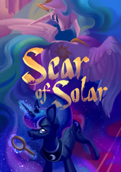 Size: 2894x4093 | Tagged: safe, artist:gashiboka, artist:holivi, character:princess celestia, character:princess luna, species:alicorn, species:pony, comic:scar of solar, comic cover, commission, cover art, crown, eyes closed, female, jewelry, looking at you, magnifying glass, mare, peytral, regalia, royal sisters