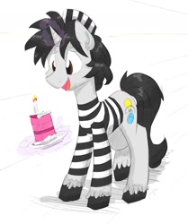 Size: 1763x2110 | Tagged: safe, artist:flutterthrash, oc, oc only, oc:creative flair, birthday, birthday cake, cake, clothing, food, hat, prison outfit, prison stripes, solo