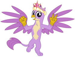 Size: 1024x781 | Tagged: safe, artist:cheezedoodle96, edit, character:gallus, character:twilight sparkle, species:griffon, big crown thingy, claws, clenched fist, element of magic, fabulous, flying, jewelry, palette swap, purple, recolor, regalia, simple background, smiling, transparent background, vector, vector edit