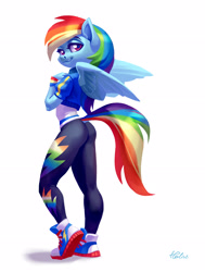 Size: 2184x2894 | Tagged: safe, artist:holivi, character:rainbow dash, species:anthro, species:pegasus, species:pony, butt, clothing, converse, cute, dashabetes, dock, equestria girls outfit, female, jacket, legs, looking at you, mare, pants, rainbutt dash, sexy, shoes, simple background, smiling, sneakers, solo, stupid sexy rainbow dash, white background, wings, wristband