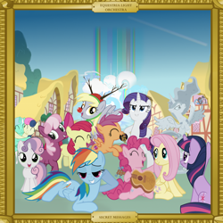 Size: 2000x2000 | Tagged: safe, artist:grapefruitface1, character:apple bloom, character:bon bon, character:cheerilee, character:derpy hooves, character:dj pon-3, character:fluttershy, character:lyra heartstrings, character:octavia melody, character:pinkie pie, character:princess luna, character:rainbow dash, character:rarity, character:scootaloo, character:sweetie belle, character:sweetie drops, character:twilight sparkle, character:twilight sparkle (unicorn), character:vinyl scratch, oc, oc:electric light (jeff lynne pony), species:pegasus, species:pony, species:unicorn, album cover, animal costume, cloudsdale, costume, cuddling, cutie mark crusaders, electric light orchestra, elo, equestria light orchestra, frame, guitar, ponified, ponified album cover, ponyville, rainbow, reindeer costume, statue, various artists