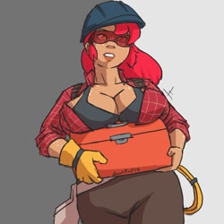Size: 860x859 | Tagged: safe, artist:moronsonofboron, character:apple bloom, species:human, big breasts, breasts, busty apple bloom, crossover, engie bloom, engineer, female, huge breasts, humanized, older, solo, team fortress 2, toolbox