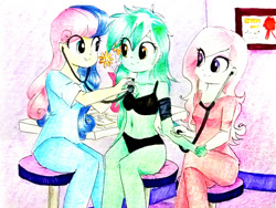Size: 1032x774 | Tagged: safe, artist:liaaqila, character:bon bon, character:fleur-de-lis, character:lyra heartstrings, character:sweetie drops, my little pony:equestria girls, adorabon, belly button, black underwear, bra, breasts, checkup, cleavage, clothing, cute, eye clipping through hair, female, fleurabetes, heartbeat, listening, lyrabetes, organs, panties, scrubs (gear), stethoscope, traditional art, underwear
