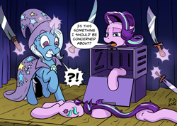Size: 2047x1447 | Tagged: safe, artist:pony-berserker, character:starlight glimmer, character:trixie, species:pony, species:unicorn, annoyed, box, cage, cape, clothing, comic, cut, deadpan snarker, dialogue, dismemberment, duo, exclamation point, female, floppy ears, frown, glowing horn, gritted teeth, hat, headless, i can't believe it's not idw, interrobang, levitation, lidded eyes, looking down, magic, magic aura, magic show, magic trick, mare, modular, one hoof raised, plot, question mark, raised hoof, raised leg, scared, scimitar, shivering, short tail, shrunken pupils, speech bubble, sword, telekinesis, this will not end well, trixie's cape, trixie's hat, unamused, wat, weapon, wide eyes