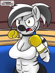 Size: 1200x1600 | Tagged: safe, artist:toyminator900, derpibooru original, oc, oc only, oc:trinidad, species:anthro, species:plantigrade anthro, species:zebra, abs, boxing, boxing gloves, boxing ring, breasts, cleavage, clothing, dialogue, female, imminent beatdown, midriff, pants, solo, speech bubble, sports, sports bra, sweatpants, this will end in pain, zebra oc