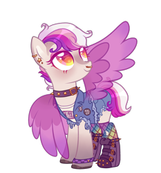 Size: 2445x2620 | Tagged: safe, artist:lazuli, artist:zen-pie, base used, oc, oc only, oc:purple strings, species:pegasus, species:pony, angel, angel pony, badge, bedroom eyes, bone, boots, clothing, collar, denim, ear piercing, earring, eyeshadow, female, jewelry, makeup, mare, nose piercing, nose ring, original species, piercing, pin, punk, rainbow socks, shaved head, shoes, shorts, simple background, skull, skull and crossbones, socks, solo, spiked collar, striped socks, tank top, torn clothes, transparent background, vest, wingding eyes, wristband