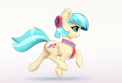 Size: 5251x3569 | Tagged: safe, artist:xbi, character:coco pommel, species:earth pony, species:pony, clothing, cocobetes, cute, dock, female, flower, flower in hair, full body, gradient background, mare, necktie, running, side view, solo