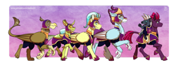 Size: 2000x744 | Tagged: safe, artist:inuhoshi-to-darkpen, character:fizzlepop berrytwist, character:grubber, character:stratus skyranger, character:tempest shadow, oc, oc:citrine cloud, oc:maxilla, species:changeling, species:classical hippogriff, species:crystal pony, species:griffon, species:hippogriff, species:pegasus, species:pony, species:reformed changeling, species:unicorn, my little pony: the movie (2017), armor, broken horn, female, gaston (griffon), helmet, hoof shoes, horn, leonine tail, male, marching, mare, realistic horse legs, riding, royal guard, royal guard armor, signature, stallion, tempest becomes a royal guard, twilight's royal guard