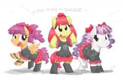 Size: 1500x974 | Tagged: safe, artist:flutterthrash, character:apple bloom, character:scootaloo, character:sweetie belle, species:earth pony, species:pegasus, species:pony, species:unicorn, adorabloom, babymetal, boots, clothing, cute, cutealoo, cutie mark crusaders, diasweetes, female, filly, pigtails, ponytail, shoes, skirt, skirtaloo, trio