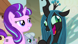Size: 1920x1080 | Tagged: safe, artist:cheezedoodle96, edit, edited screencap, editor:sponandi, screencap, character:queen chrysalis, character:starlight glimmer, species:changeling, species:pony, episode:the beginning of the end, episode:the cutie map, g4, my little pony: friendship is magic, changeling queen, crazylis, derp, equal cutie mark, exploitable meme, faec, female, i didn't listen, image macro, meme, s5 starlight, text