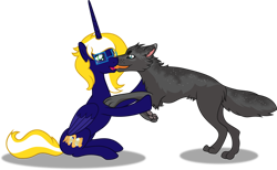 Size: 1024x632 | Tagged: safe, artist:vector-brony, commissioner:kaifloof, oc, oc only, oc:time vortex (kaifloof), oc:zima, species:alicorn, species:pony, species:wolf, alicorn oc, glasses, misleading thumbnail, no its not what you think, pet, please stop asking
