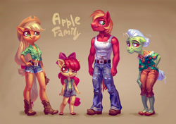 Size: 3720x2618 | Tagged: safe, artist:holivi, character:apple bloom, character:applejack, character:big mcintosh, character:granny smith, species:anthro, species:earth pony, species:plantigrade anthro, species:pony, apple family, belt, boots, bow, breasts, cleavage, clothing, daisy dukes, female, filly, front knot midriff, hair bow, hat, male, mare, midriff, overalls, plaid, sandals, sexy, shirt, shoes, shorts, smiling, stallion, tank top