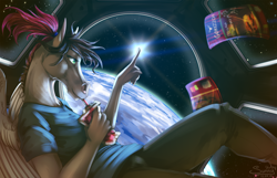 Size: 1920x1234 | Tagged: source needed, useless source url, safe, artist:sunny way, rcf community, oc, oc:sunny way, species:anthro, species:pegasus, species:pony, earth, eating, general, horse, in space, space, stars, sun