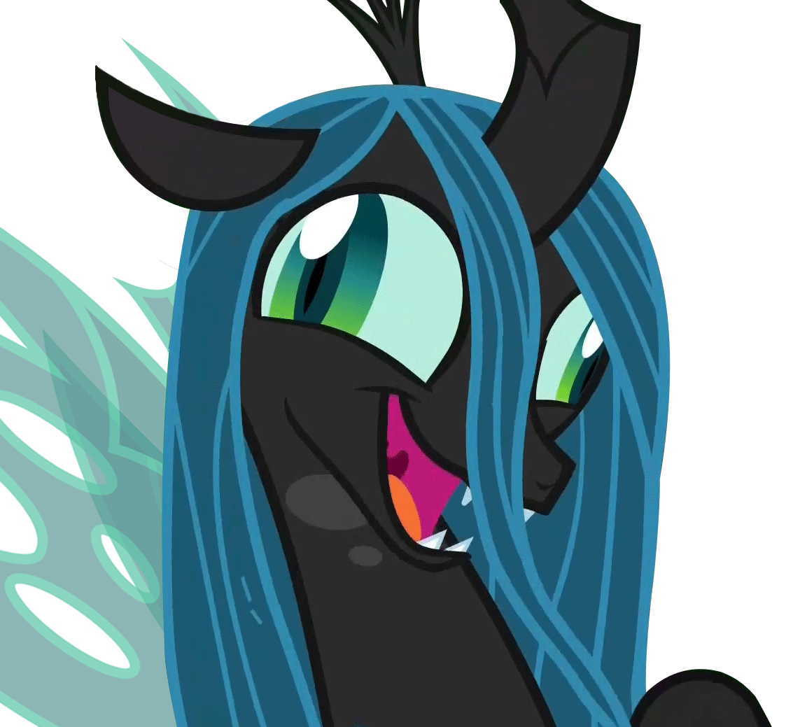 Size: 1123x1039 | Tagged: safe, artist:cheezedoodle96, editor:sponandi, character:queen chrysalis, species:changeling, episode:the beginning of the end, g4, my little pony: friendship is magic, animated, changeling queen, crazylis, derp, faec, female, gif, insanity, majestic as fuck, simple background, solo, transparent background