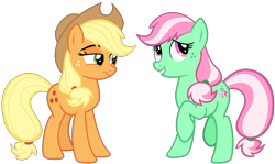 Size: 4200x2500 | Tagged: safe, artist:cheezedoodle96, character:applejack, character:minty, species:earth pony, species:pony, episode:sundae sundae sundae, spoiler:interseason shorts, .svg available, applejack is not amused, embarrassed, female, frown, lidded eyes, mare, raised hoof, recolor, simple background, svg, transparent background, unamused, unimpressed, vector