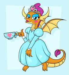 Size: 2489x2733 | Tagged: safe, artist:moonatik, character:smolder, species:dragon, abstract background, clothing, cup, cute, cute little fangs, dragoness, dress, eyeshadow, fangs, female, girly, heart, horns, jewelry, lipstick, makeup, princess smolder, scales, smolderbetes, solo, tail, teacup, tiara, tongue out, wings