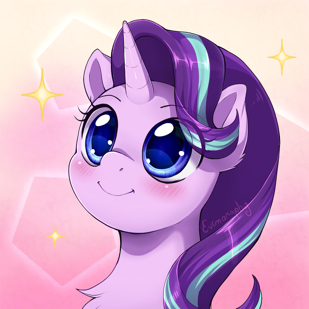 Size: 1000x1000 | Tagged: safe, artist:evomanaphy, character:starlight glimmer, species:pony, species:unicorn, animated, blushing, chest fluff, cute, dawwww, evomanaphy is trying to murder us, eye clipping through hair, eye shimmer, female, gif, glimmerbetes, happy, hnnng, mare, reformed starlight, smiling, solo, sparkles, weapons-grade cute, wide eyes