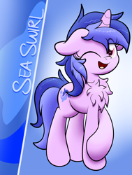 Size: 2223x2943 | Tagged: safe, artist:kimjoman, character:sea swirl, species:pony, species:unicorn, background pony, chest fluff, commission, female, mare, one eye closed, wink