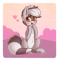 Size: 1936x2000 | Tagged: safe, artist:dsp2003, oc, oc only, oc:bandy cyoot, species:earth pony, species:pony, abstract background, birthday gift art, blushing, cute, cute little fangs, fangs, female, heart, mare, open mouth, pale belly, raccoon pony, signature, sitting