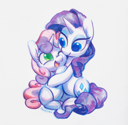 Size: 1614x1583 | Tagged: safe, artist:dawnfire, character:rarity, character:sweetie belle, species:pony, species:unicorn, blank flank, colored pupils, copic, cute, diasweetes, female, filly, mare, marker drawing, one eye closed, open mouth, raribetes, sisterly love, sisters, traditional art