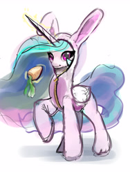 Size: 3638x4827 | Tagged: safe, artist:xbi, character:princess celestia, species:alicorn, species:pony, 30 minute art challenge, animal costume, bunny costume, bunny ears, bunnylestia, carrot, clothing, costume, cute, cutelestia, easter, female, food, holiday, mare, simple background, solo, white background, zipper