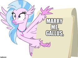 Size: 673x499 | Tagged: safe, artist:frownfactory, character:gallus, character:silverstream, species:hippogriff, ship:gallstream, episode:uprooted, g4, my little pony: friendship is magic, exploitable, female, flipchart, gru's plan, implied gallus, jewelry, marriage proposal, necklace, shipping, simple background, solo, straight, subtle as a train wreck, transparent background, vector, wings