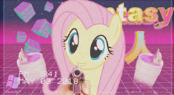 Size: 1280x699 | Tagged: safe, artist:luckreza8, character:fluttershy, species:pony, bust, grid, gun, looking at you, timestamp, vaporwave, weapon